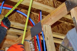 In a bustling construction area, a person meticulously measures wooden beams with a tape measure, surrounded by intricate electrical wiring and the hum of ventilation ducts. Nearby, preparations for a re-pipe in Snellville are underway to ensure seamless project completion.